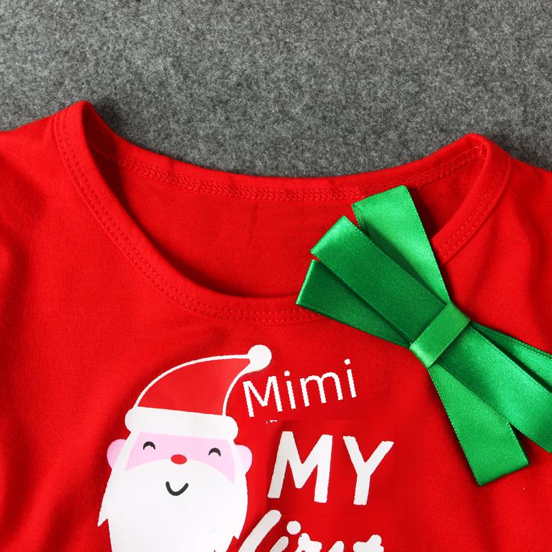 Dětské evropské a americké vánoční krajkové princeznovské šaty s mašlí Santa Claus (Dlouhý rukáv)