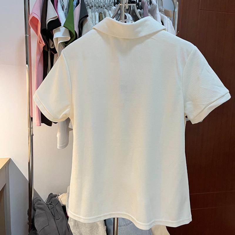 Women's Casual White Button-Up Polo Collar T-Shirt - Summer 2026 Stylish Versatile Short-Sleeved Top