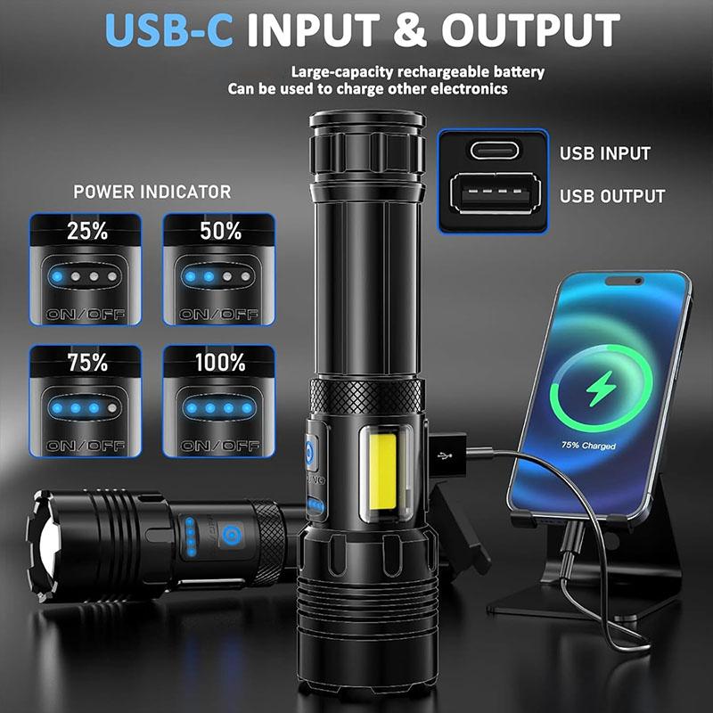 Powerful COB LED Flashlights USB Rechargeable Tactical Torch with Red Light Emergency Zoom Lantern Built-in 18650 for Camping