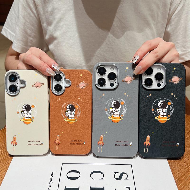 Cartoon Astronaut Leather Texture Soft Case For iPhone 16 15 14 Pro Max 15 Plus 13 12 Pro Max 11 Shockproof Silicone Phone Cover