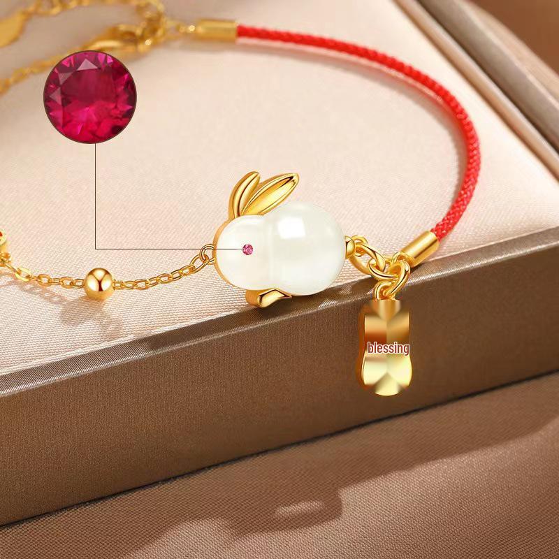Women's Jade Rabbit Red String Bracelet - Simple Hand Jewelry, Christmas, Benming Year, Birthday Gift for Girlfriend