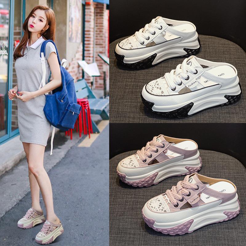 Internet Celebrity Thick-soled Bag Head Slippers Mesh Breathable Dad Shoes Soft Sole Korean Version Muffin Single Shoes 2025 Summer Foreign Trade Slip