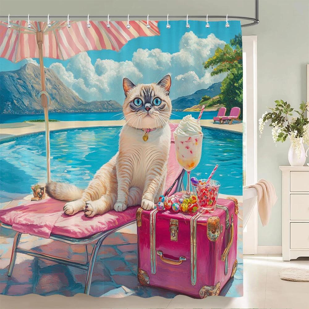 Funny Cat And Dog Shower Curtain Animal Beach Printed Bathroom Bath Curtain Home Decor With Hooks