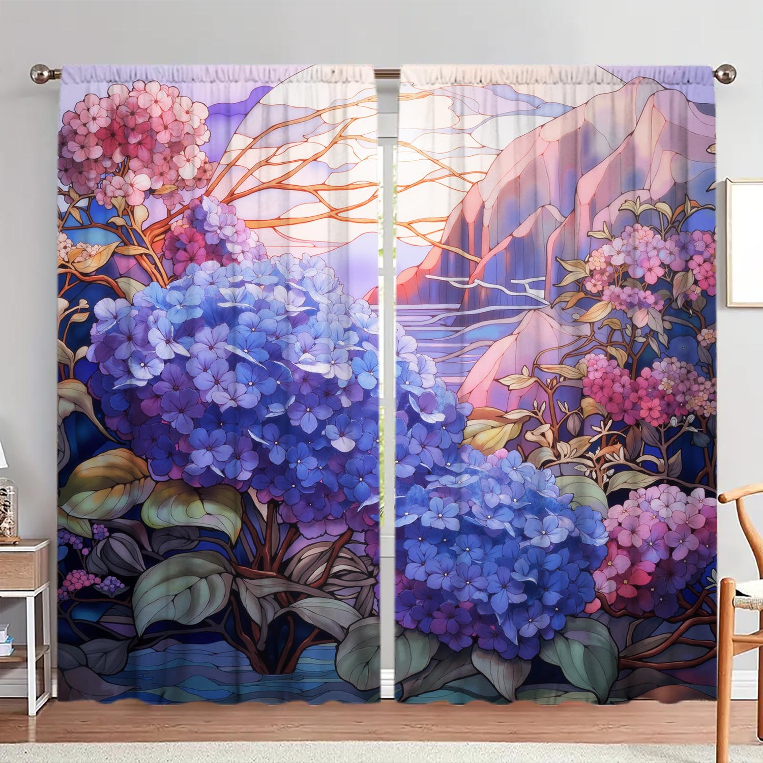 

Panels Purple Pink Hydrangeas Printed Curtains Shade Privacy Protection Suitable Decorating Various Rooms Curtain Made Of Polyester W100*H70(CM)-Grommet top&2PCS