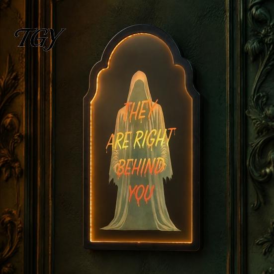 Ghostly Candlelight Display Light Up Ghost Mirror, Arched Wooden Frame Ghost/Grim Reaper Halloween Indoor Holiday Ornaments Soft Ambient Lighted