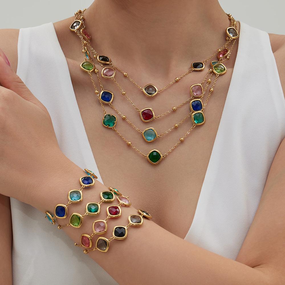 Exquisite Rhombus Cut Glass Bead Clavicle Chain Bracelet - Fashionable Stainless Steel Jewelry