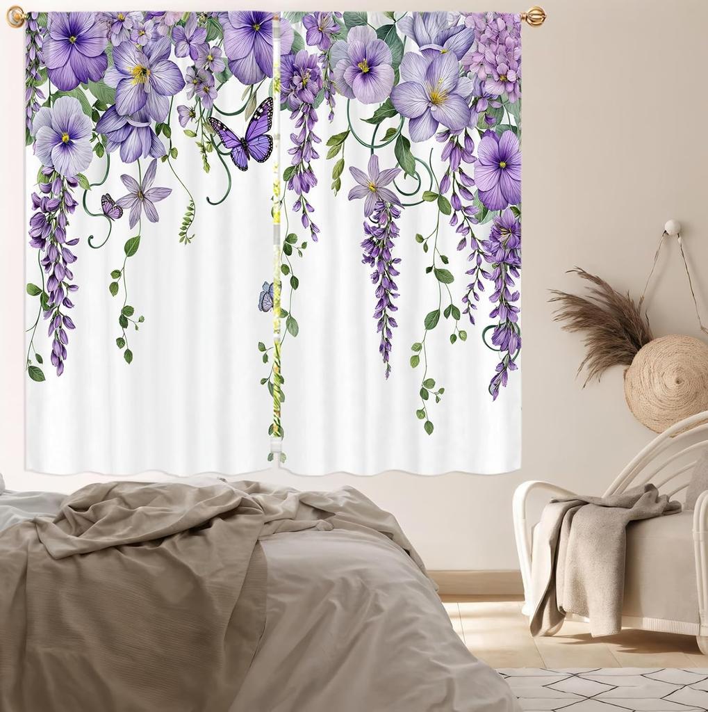 Purple Floral Butterfly Lilac Window Curtains Spring Flower Summer Girls Nature Garden Plant Drapes Treatment Curtain Polyester With Rod Pocket