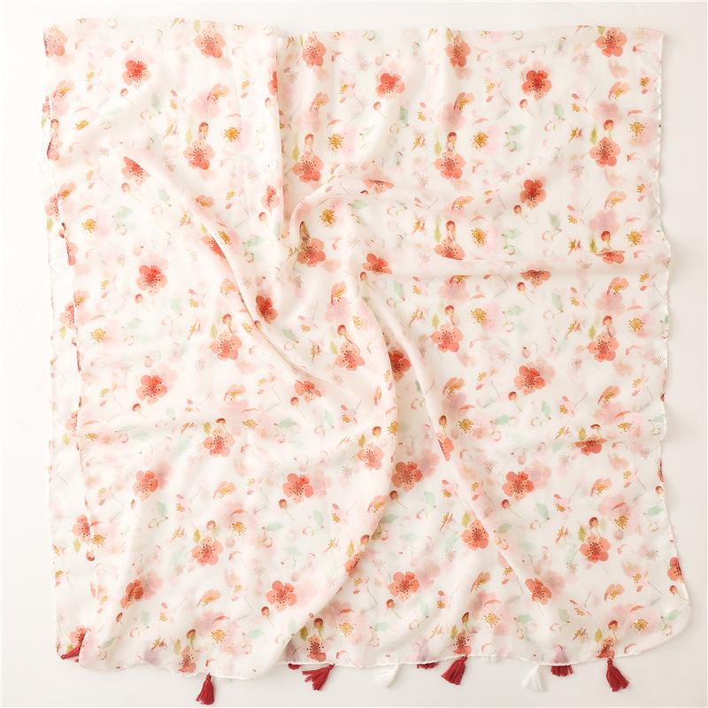 Luxury Women Viscose Scarf Designer Shawl Cotton Linen Feeling Tassel Pashmina Muslim Hijab Wrap Floral Foulard