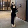Black Sexy Super Body Long-sleeved Dress Autumn Royal Sister Slim-fitting Bottom Split-ended Little Mother Style Hip-wrapped Long Dress