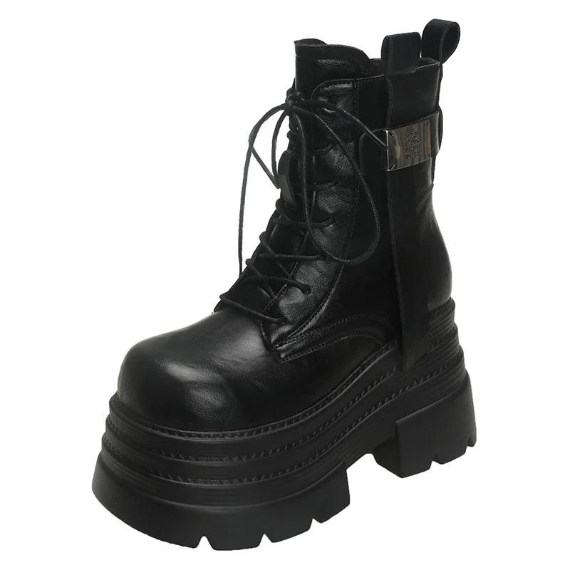 10CM New Women High Platform Ankle Boots Winter Warm Fur Chunky Snow Shoes Lace-up Sneakers Woman Leather Motorcycle Boots Mujer