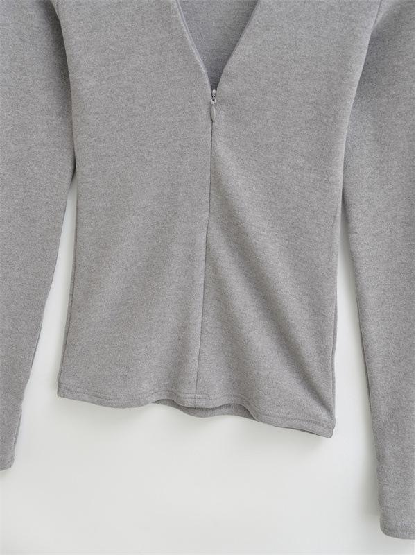 Chic French V-Neck Zipper Long Sleeve Slim Fit T-Shirt for Women, Autumn/Winter High-End Style.