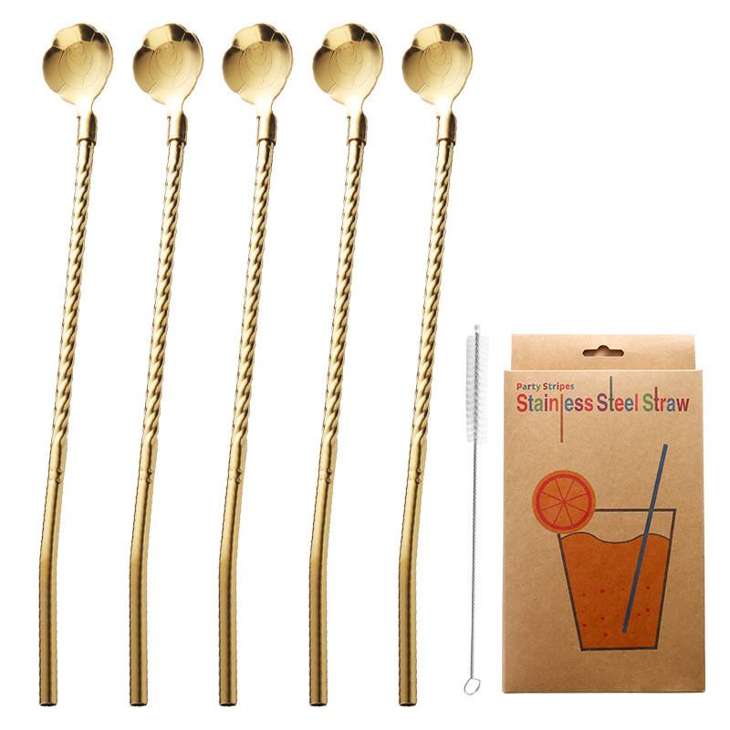 5pcs 10pcs Stainless Seel Flower Straw Spoon Summer Milk Tea Stirring Yerba Mate Straws Reusable Drinking Kitchen Supplies