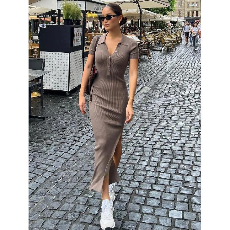 Elegant Office Lady Maxi Dress Women Solid Fashion Turn-down Collar Short Sleeve Button Side Slit Body-Shaping Street Robe