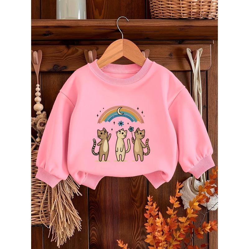 Kids Crewneck Sweatshirt, Cartoon Three Kittens & Rainbow Graphic Print, Spring Autumn Casual Tops