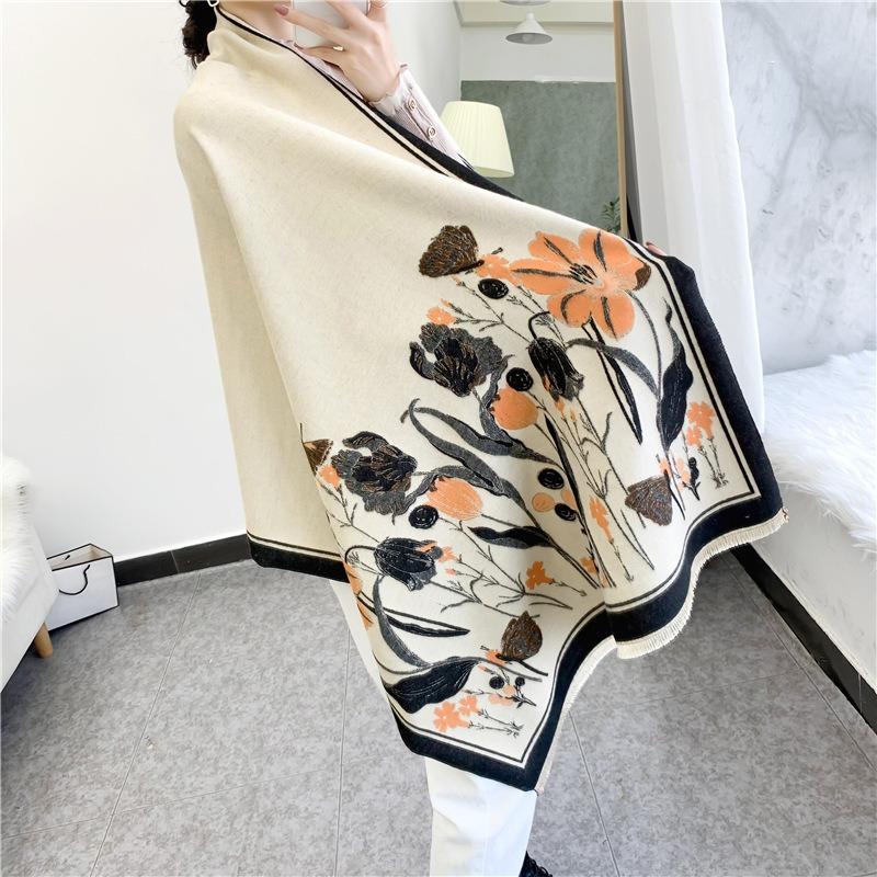 Trendy flower imitation cashmere scarf for women, double-sided long retro tassel warm shawl dual-purpose