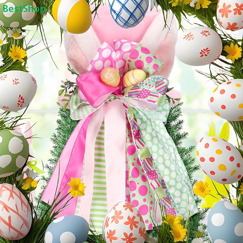 Easter Bunny Top Hat Decoration - Pink & Green Polka Dot Ribbon Design with Mini Eggs