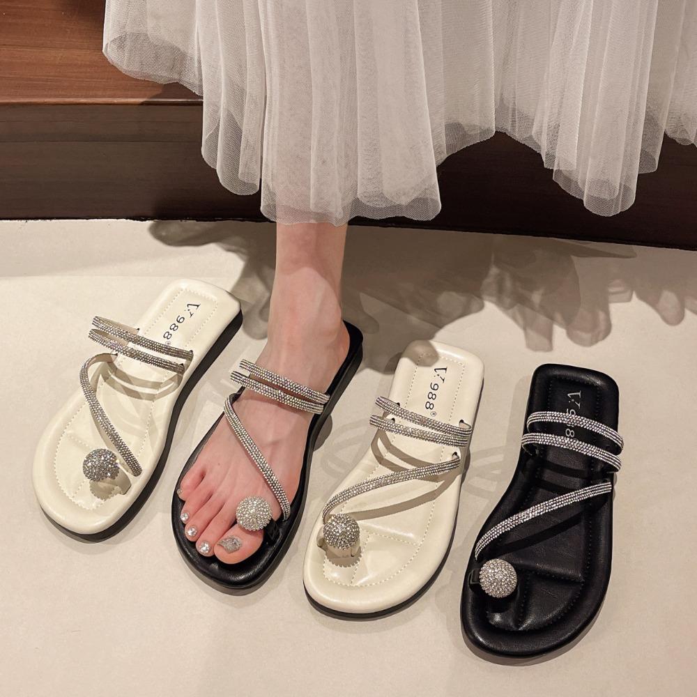 JMXD-Flat Bottom Cool Slippers Female Summer Wear, Rhinestone Fairy Wind Soft Bottom Non-slip Toe Beach One-word Drag