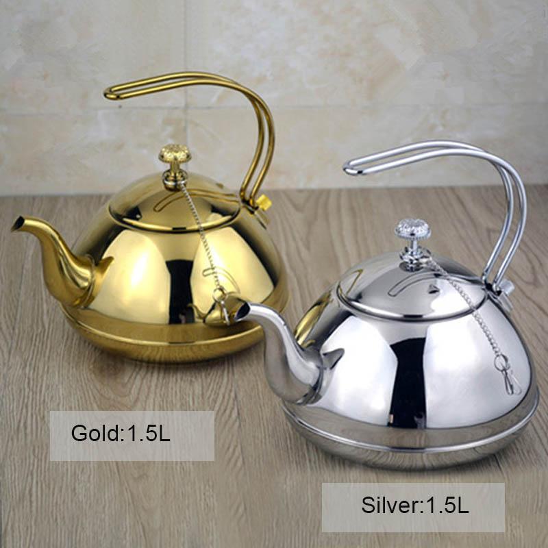 BORREY1.5L Silver Gold Teapots Stainless Steel Kettle Hotel Tea Pot With Filter Restaurant Gas Stove Induction Cooker Tea Kettle