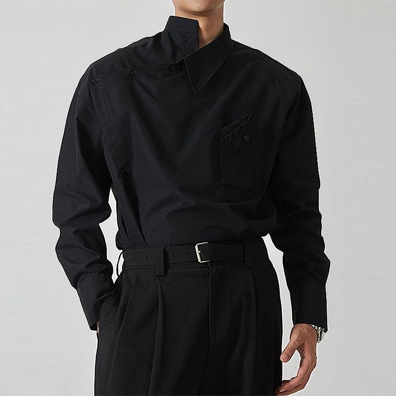 Men's Spring and Autumn Four Seasons Models Plus Size Solid Colour Irregular Lapel Shirt Buckle Long Sleeved Shirt