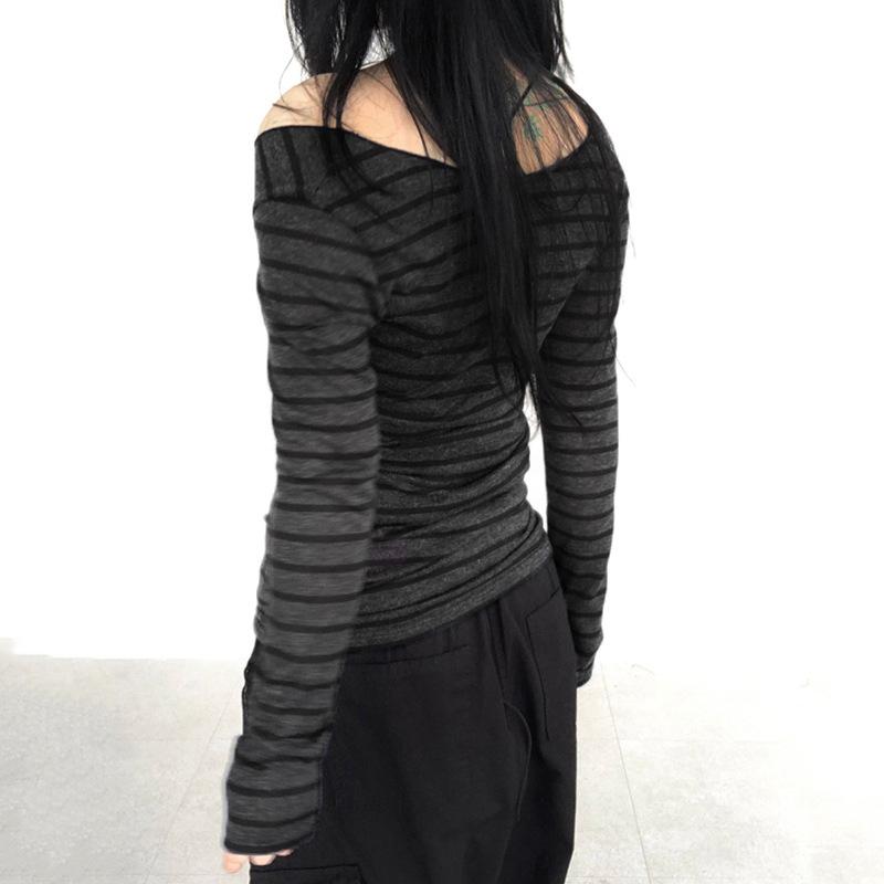 Harajuku Basic Slim Long Sleeve Stripe Tee Off Shoulder O Neck Korean Street Style Spring Autumn Y2K Women's Gray T Shirt