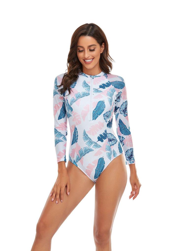 New Women's Long Sleeve One-Piece Swimsuit - European American Solid Color Patchwork Surfing Suit