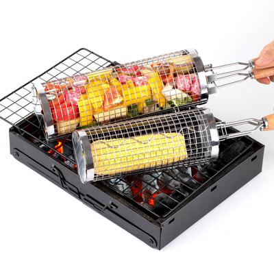 Rolling Grill Basket BBQ Mesh Tube Removable Wooden Handle Stainless Steel Round Mesh Cage Outdoor Camping Cooking Tools