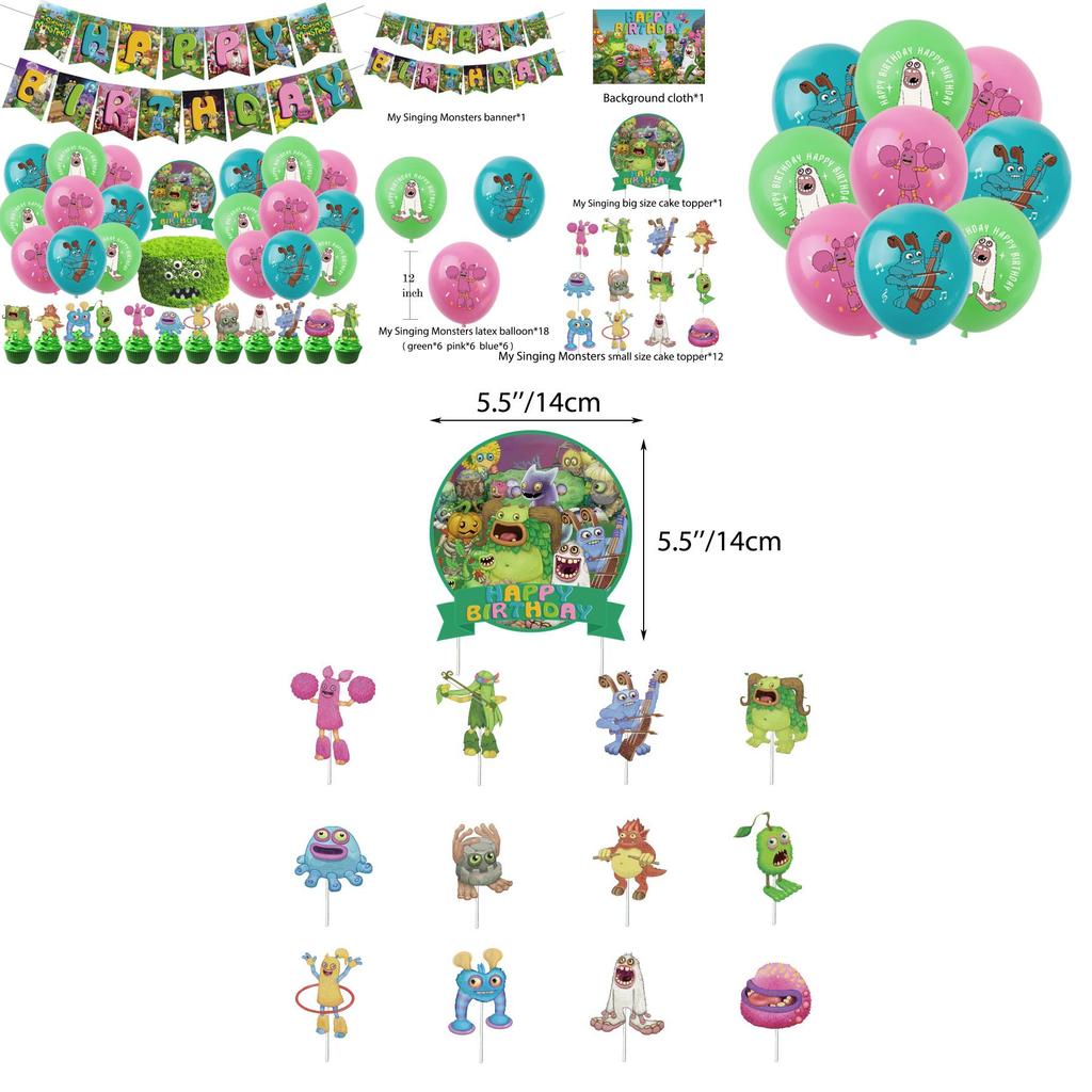 Colorful Monster Music Concert Birthday Party Decorations Forest Creature Bunting Banner Balloons Cake Toppers
