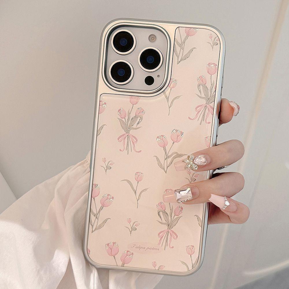 ins sweet pink tulip for apple 17/16 electroplated silver water condensation mobile phone case IP15 fresh 14 girl