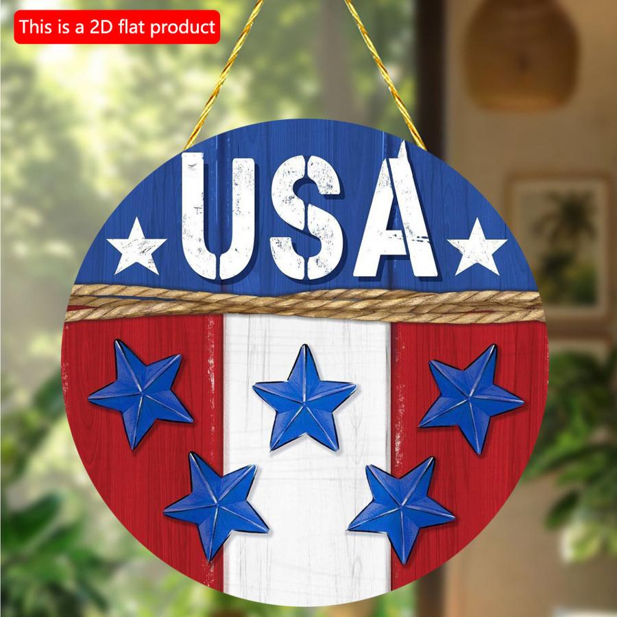 2D flat 20*20cm1pc USA Flag Theme Red&White&Blue stripes Star elements Round ornament, Patriotic Independence Day Welcome Sign For Wall, Simple