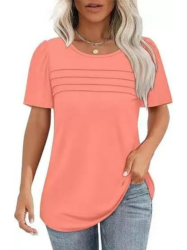 Women's Casual Pleated Loose T-shirt, Round Neck, Short Sleeve, Summer 2026 Collection