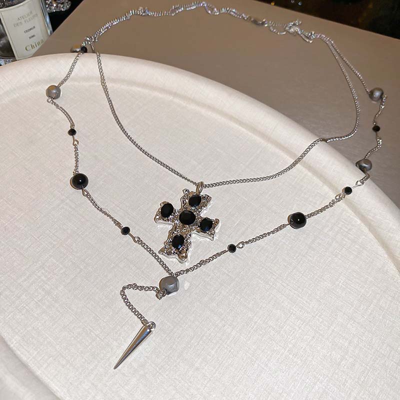 Y2K Silver Color Cross Pendant Necklaces for Women Sweet Cool Metal Double Layer Beaded Rivet Long Tassel Necklaces Jewelry