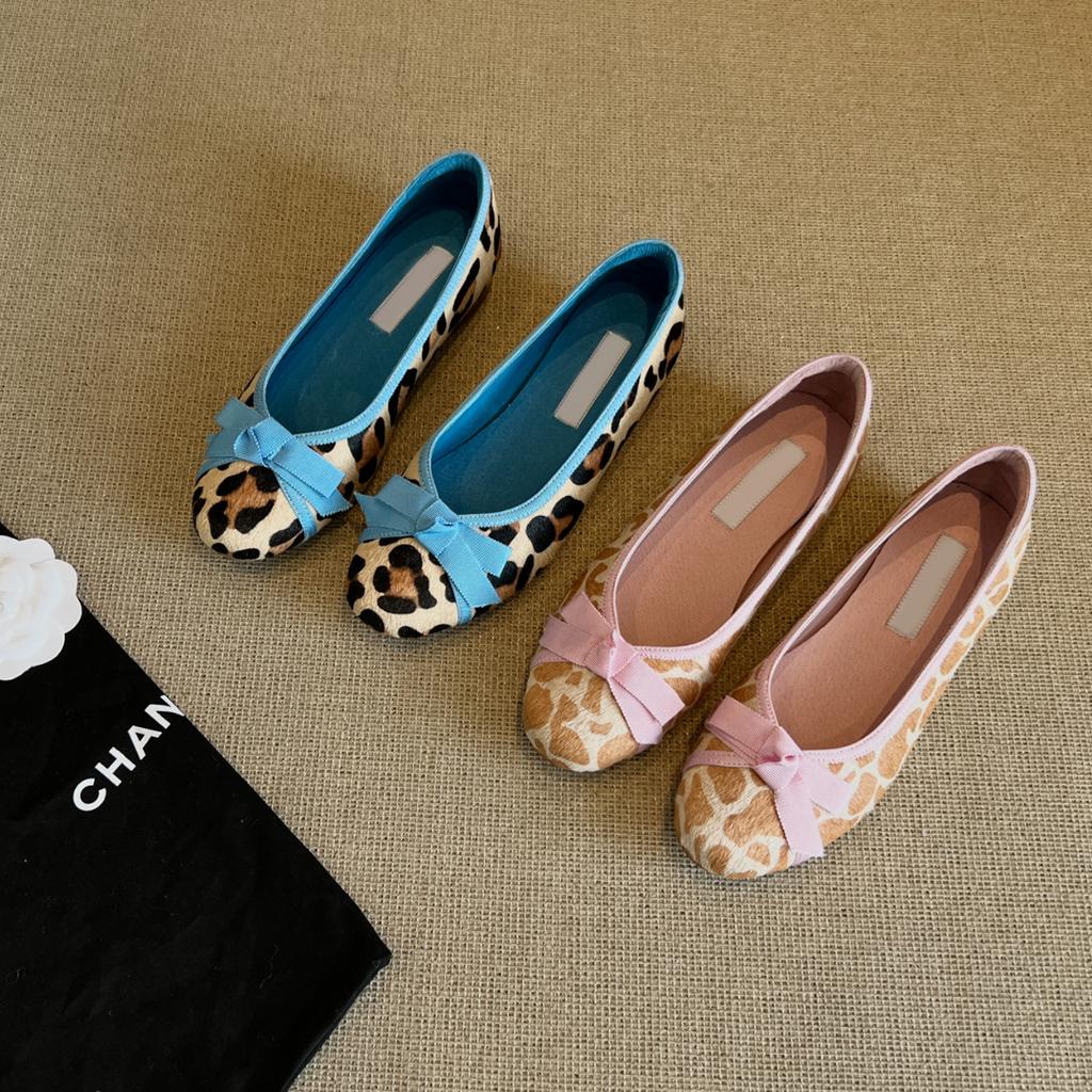 Sheepskin Version~ French Evening Breeze Bow Leopard Print Single Shoes Round Head Ballet Shoes One Pedal Shallow Mouth Flat Shoes Women