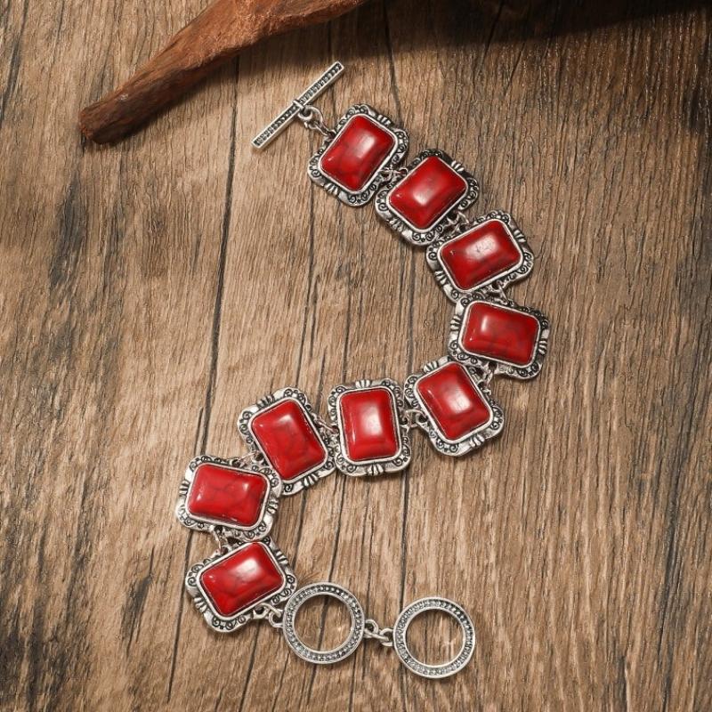 Retro Bohemian Ethnic Style Turquoise Personalized Geometric Carving Antique Silver Bracelet/Bangle For Women