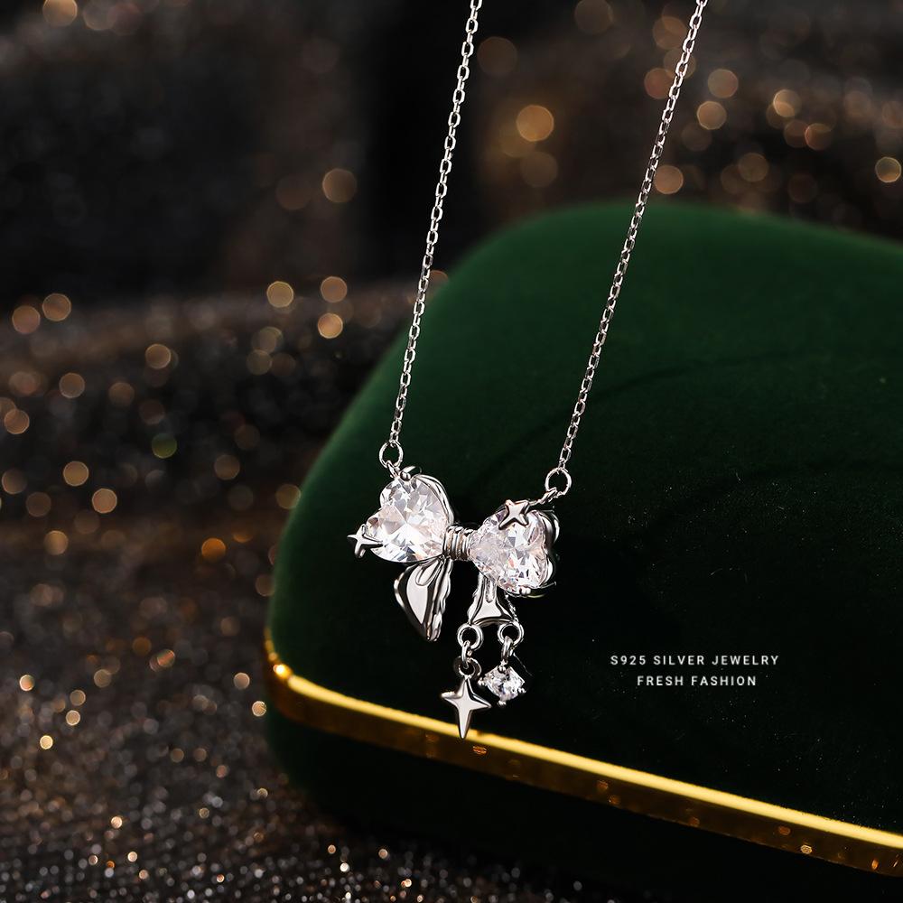 SC Jewelry Korean Heart White Zirconia Star Bow Knot Necklace Hypoallergenic 925 Sterling Silver Bow Pendant Necklace for Gifts 40+5cm серебряный