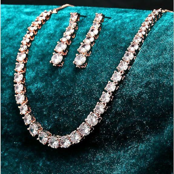Jewellery Set Classic Style AD/American Diamond Studded Rose Gold Plated Handcrafted Circle Necklace Set for Women & Girls