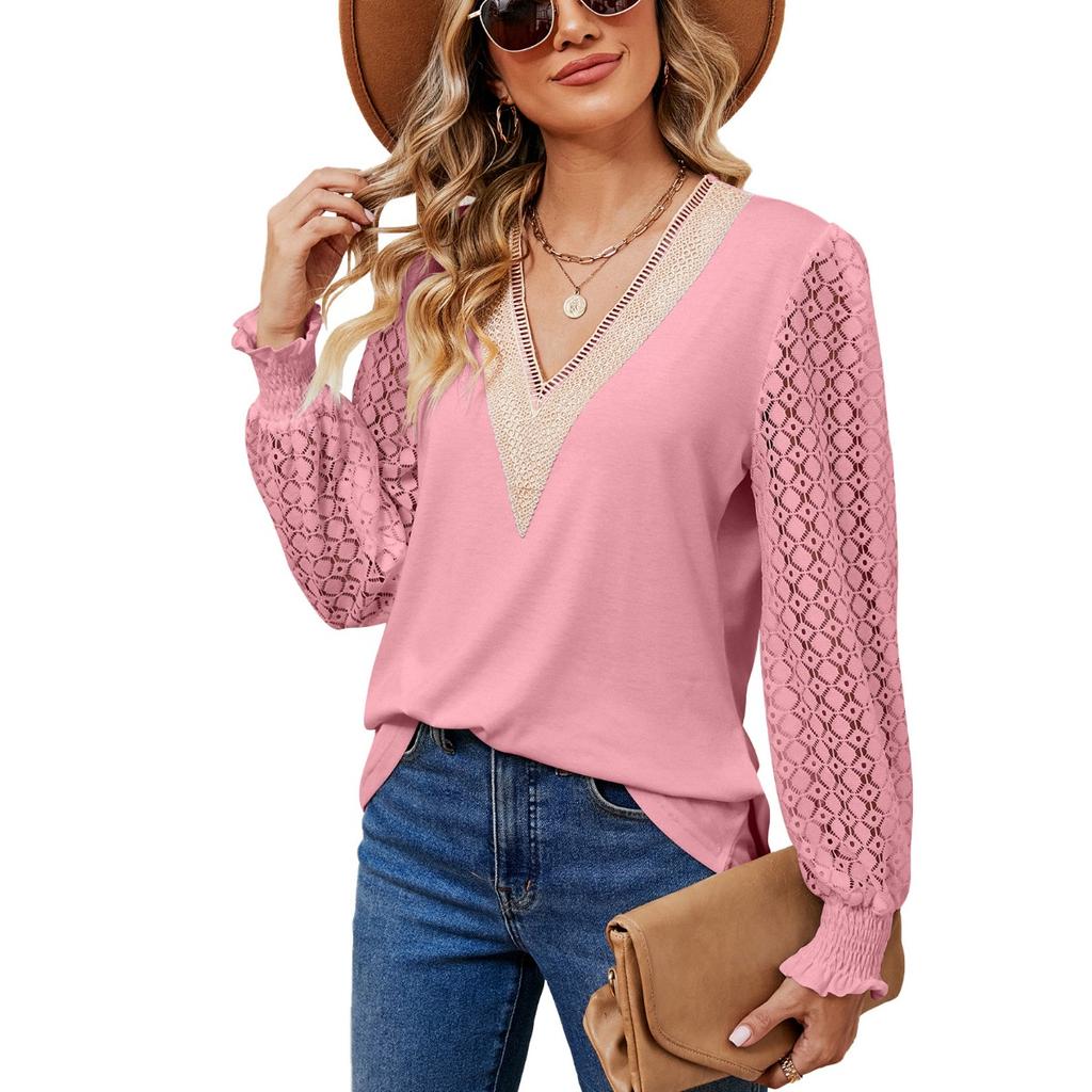 Fall Winter New Women's V-Neck Lace Splicing Loose Long Sleeve T-Shirt Top, Cross-Border Casual Tops for Women