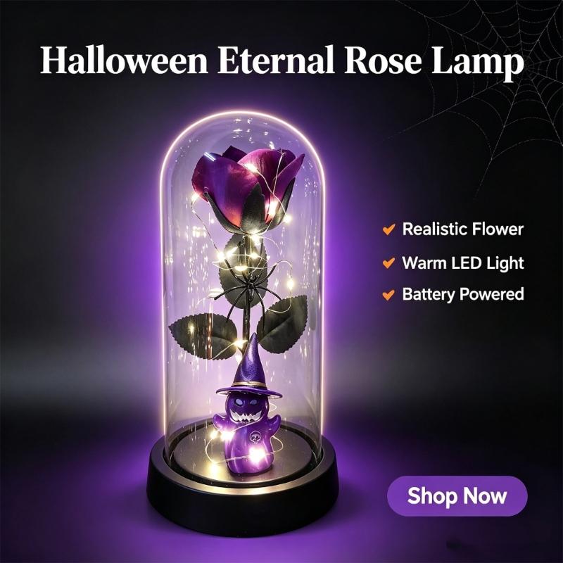 Halloween Rose Accent Light, Cloche Glass Cover with Warm String Lights for Window Ledges and Entry Tables at 