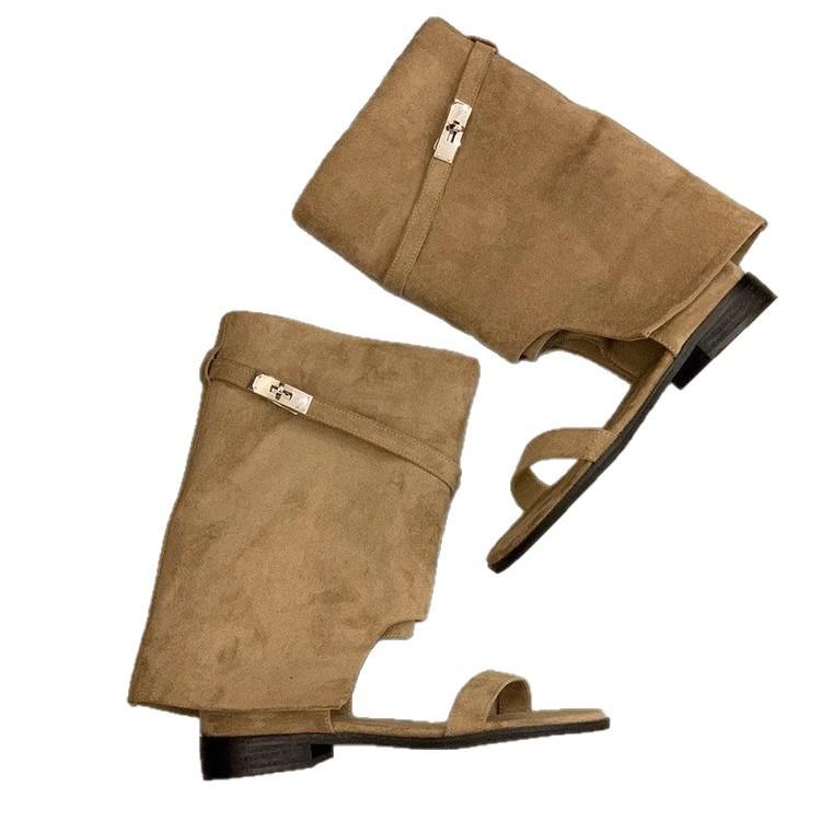 Small Inner Height Increase 5cm Slope Heel Women's Cool Boots 2025 New Summer Breathable Open-toed Sandals Lock Trouser Boots