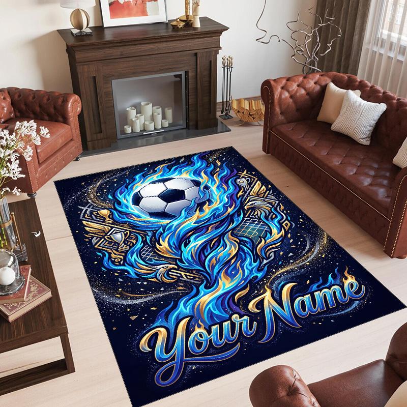 Soccer Theme Crystal Velvet Floor Rug Personalized Custom Name Text Warm Carpet Home Decoration