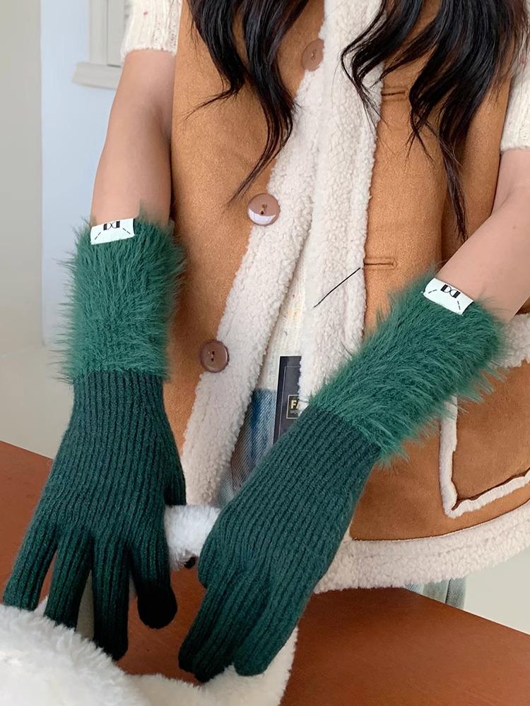 Podzimní a zimní dopaminové jednobarevné teplé pletené pětiprsté rukavice - Všestranné, roztomilé, dlouhé cyklistické návleky pro dívky