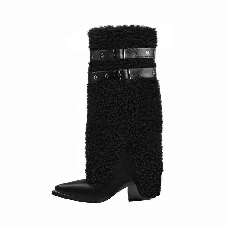 Fashion New Belt Buckle Personalized Design Plush Boots European American Fashion Black and White Spicy Girl Sexy Women's Boots Size 43