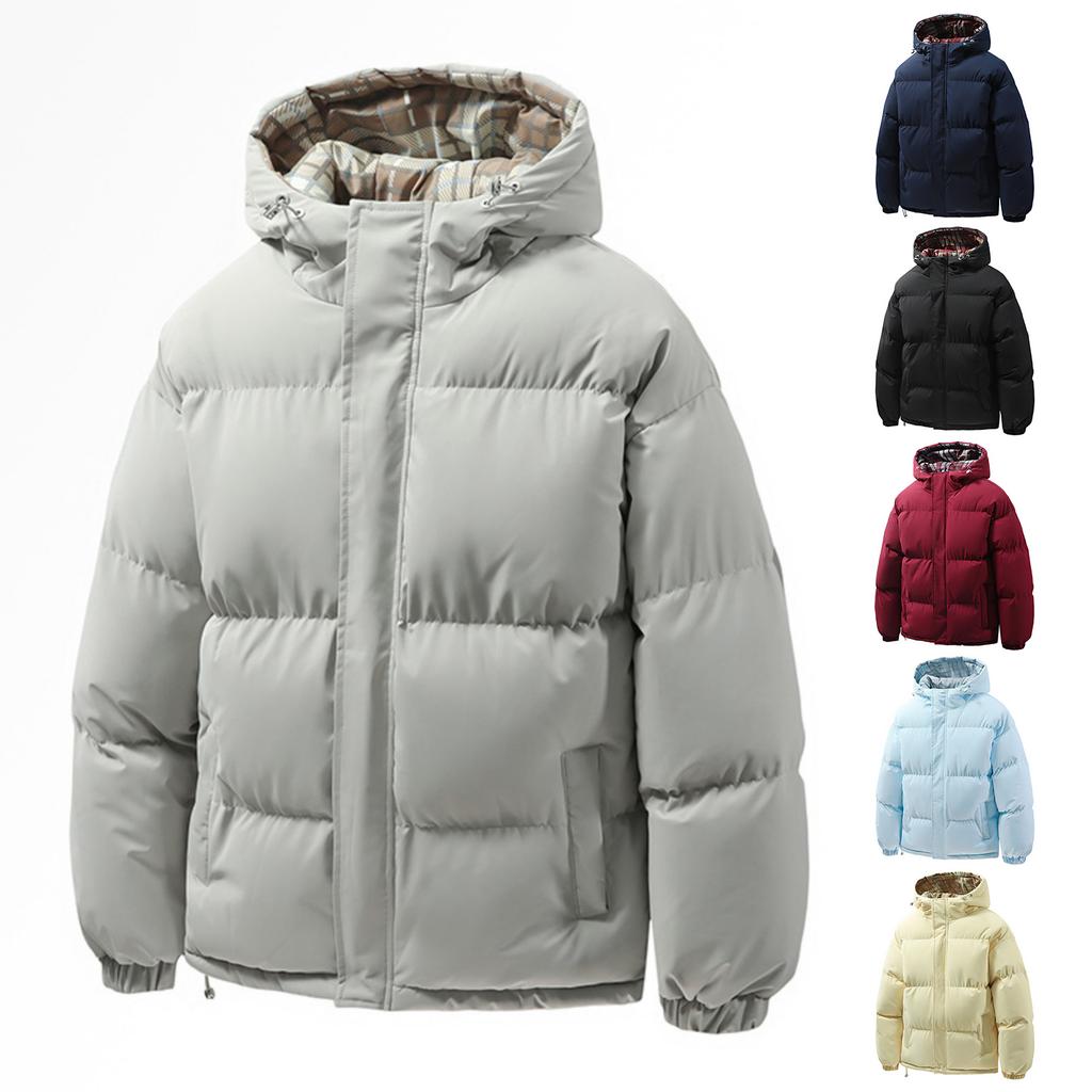 Men's And Women's Solid-color Casual Down Cotton-padded Jacket, Men's Inner Checkered Printed Bread Jacket, Fleece Thickened Hooded Jacket