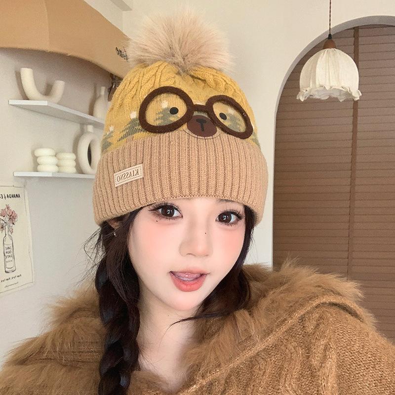 Cute Fur Ball Glasses Bear Hat Women's Autumn and Winter New Knitted Hat Versatile Ear Protection Woolen Hat Warm Pullover Hat