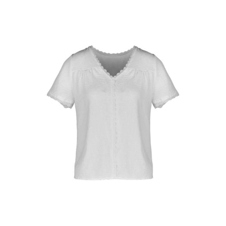 Summer Women White Lace Panel V Neck Short Sleeve Loose Blouse Shirt