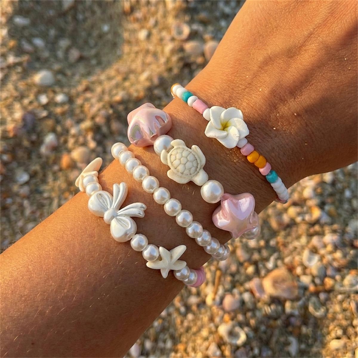 

4Pcs/set Bohemian Bowknot Flower Turtle Starfish Bracelets For Women Handmade Rice Beads Stacked Bracelet Summer Beach Zircon