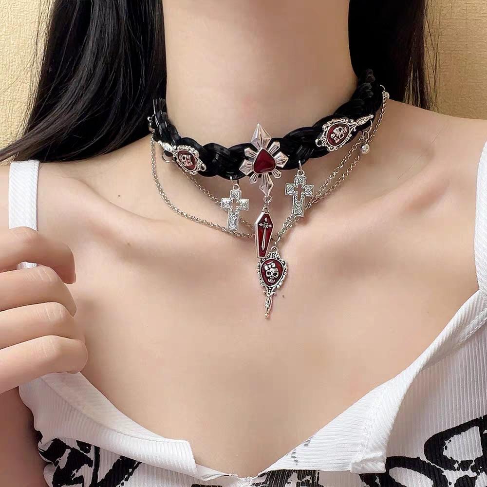 Skeleton Y2K Leather Necklace Corss Tassel Beaded Necklace Fashion Halloween Skull Choker Girls