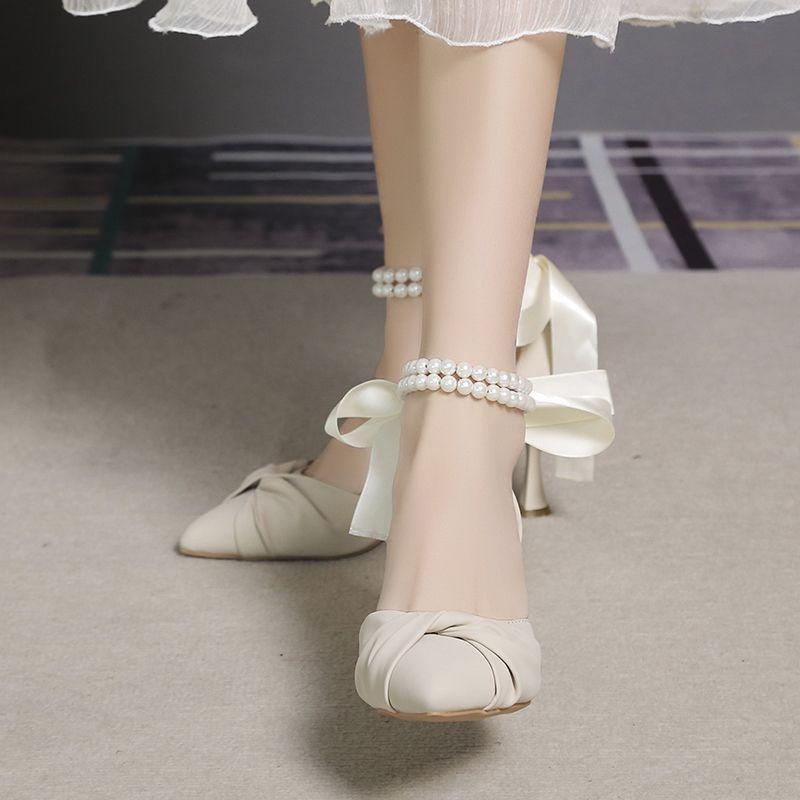Solid color high heels mid-heel with skirt sandals 2025 summer new wear-resistant stiletto temperament French bridesmaid shoes