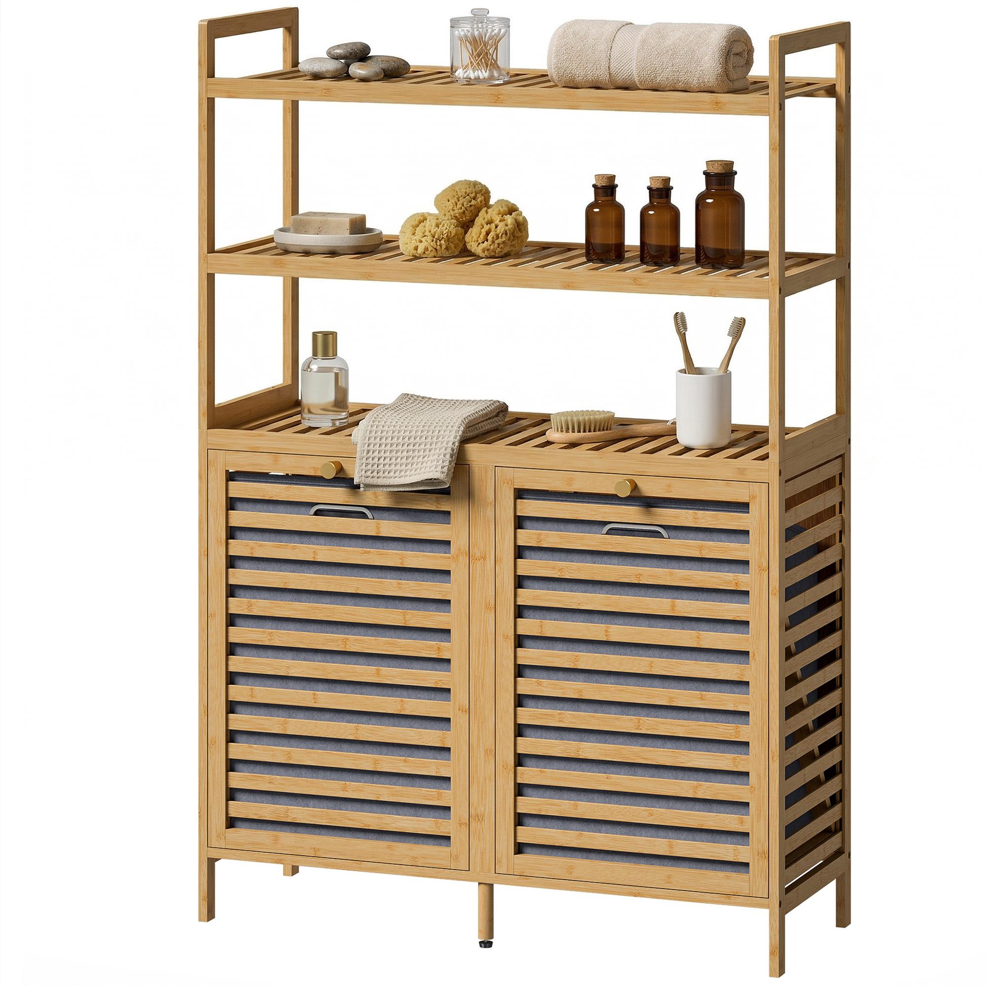 Double Armoire à Linge avec Fonction Basculante Armoire Autoportante en Bambou 2 Paniers Amovibles 3 Étagères Chêne