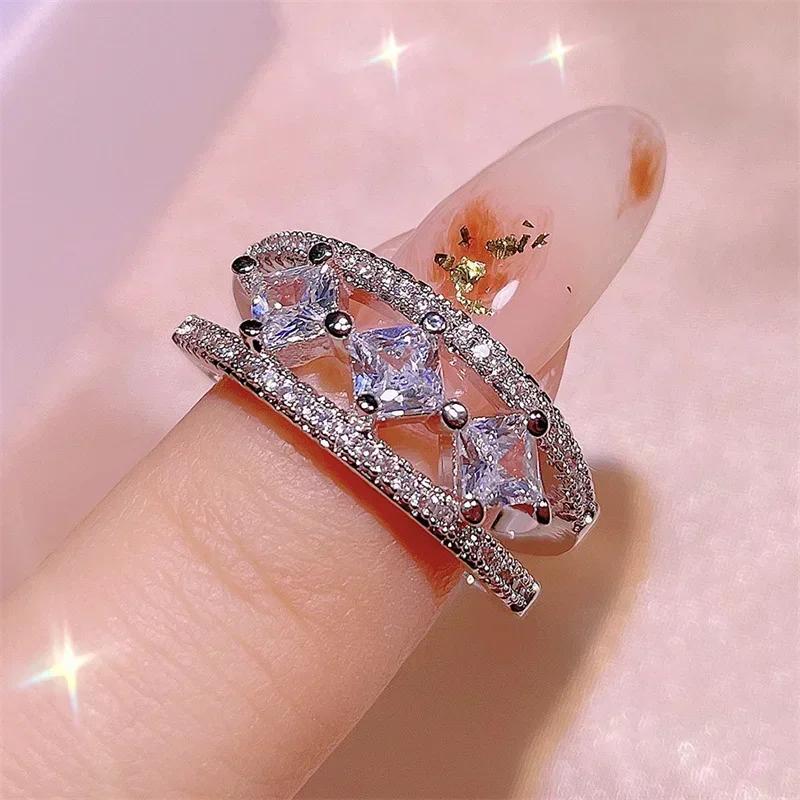 

New Fashion Princess Cut Cubic Zirconia Hollow Out Rings for Women Dazzling Wedding Party Ring Copper Color Statement Zircon 6