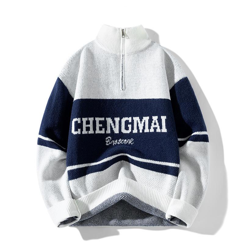 Couple Turtleneck Knitted Sweater Autumn and Winter Retro Sweater Men s Contrasting Sports Jacket M